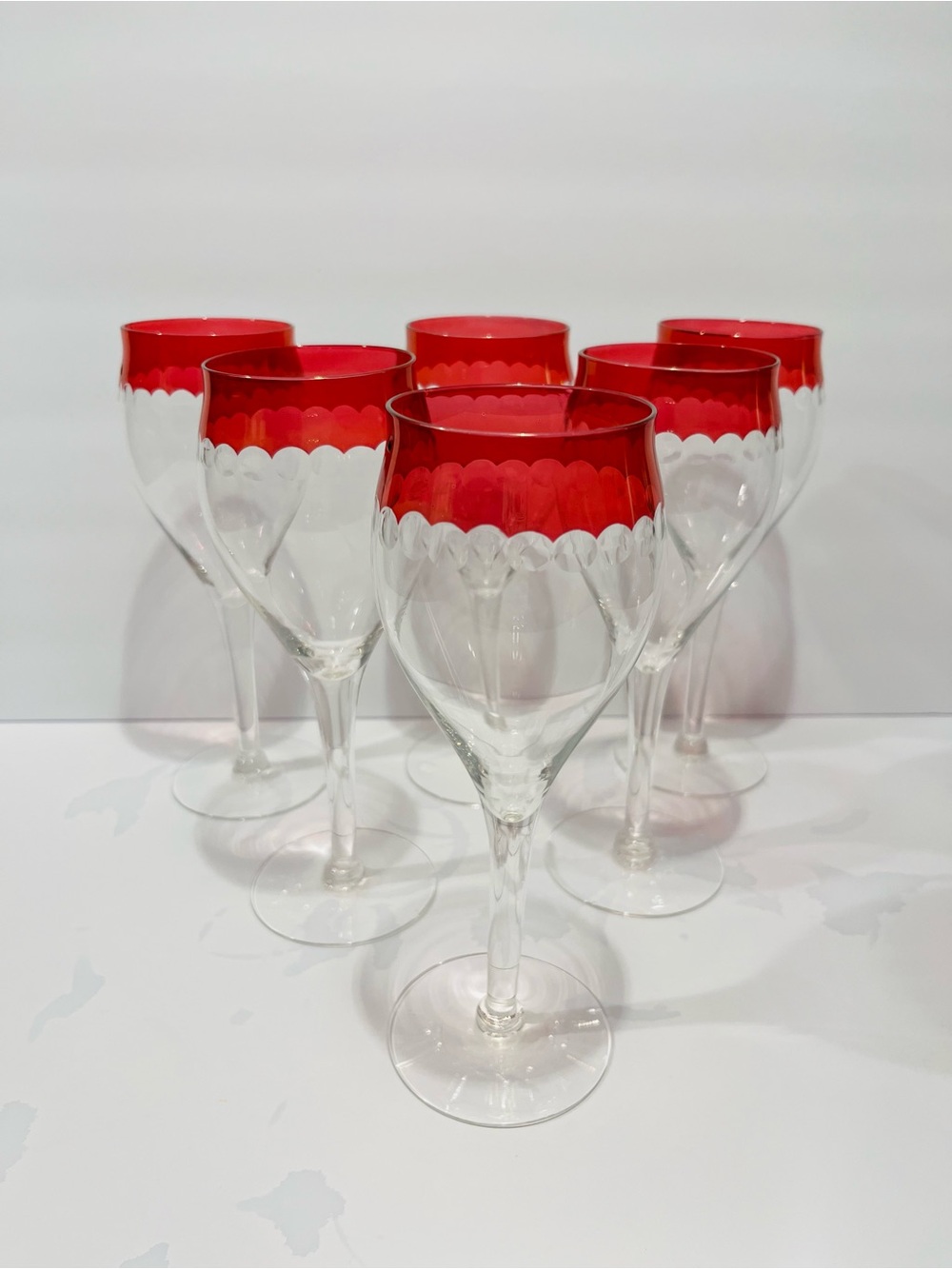 Vintage MCM Czech Crystal Cranberry Cut Dots Champagne or Wine Glasses Set of 6